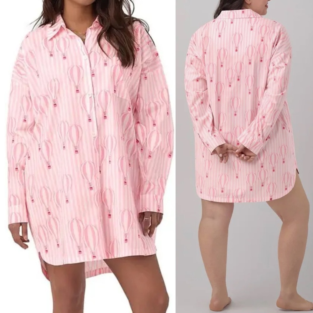 BedHead Pajamas PJ’s Ballon Ride Cotton Poplin Sleep Shirt Dress Pink White - Picture 6 of 16